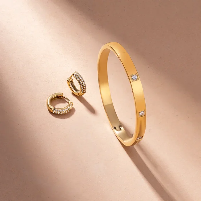 Dazzling Stone Bangle Bracelet & Diamond Huggie Hoop Earrings Combo Set
