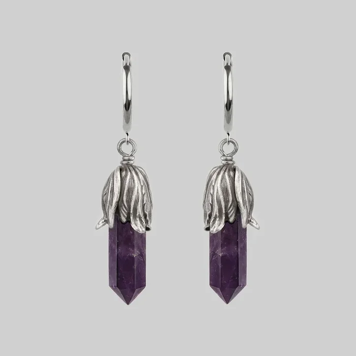 DEATH BLOOM. Amethyst Gemstone Hoop Earrings – Silver