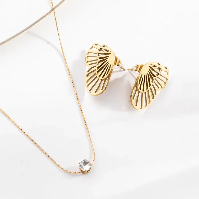 Delicate Diamond Studded Necklace & Butterfly Wing Stud Earrings Combo Set