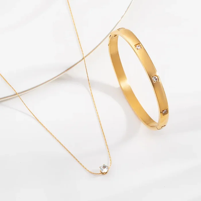 Delicate Diamond Studded Necklace & Dazzling Stone Bangle Bracelet Combo Set