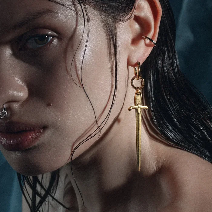 DEMISE. Sword Drop Hoop Earrings – Gold