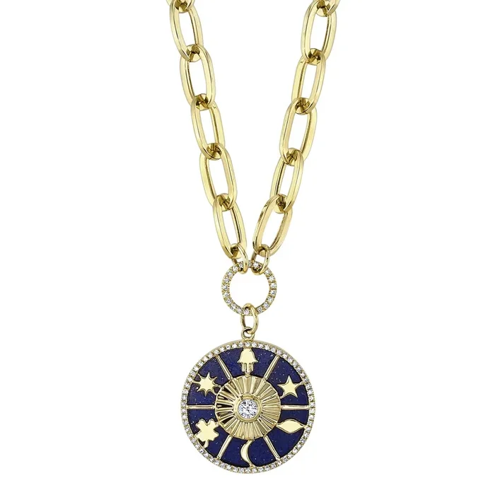 Diamond & Lapis, Hamsa, Moon, Star & Sun Necklace
