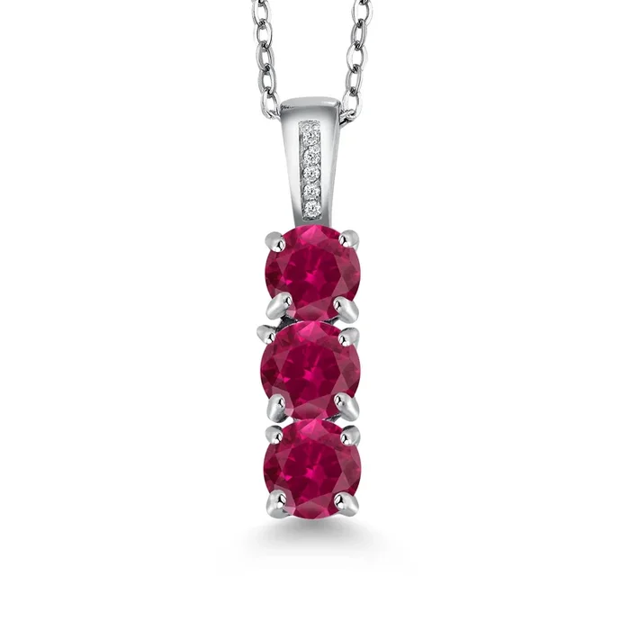 Diamond and 3 Gemstone Birthstone Pendant Necklaces For Women | 925 Sterling Silver | Three Stone Pendant Necklace | Round 5MM | With 18 Inch Silver Chain