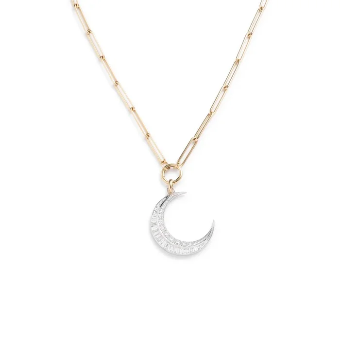 Diamond Crescent Hanging Clockweight Element Necklace : in Mixed Gold