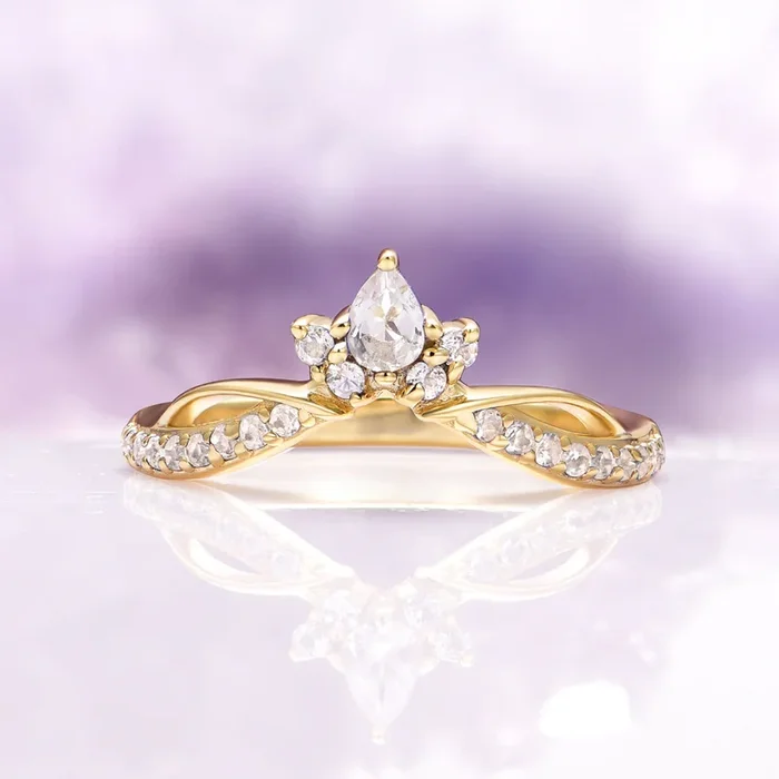 Diamond Crown Wedding Band- 14K Solid Yellow Gold