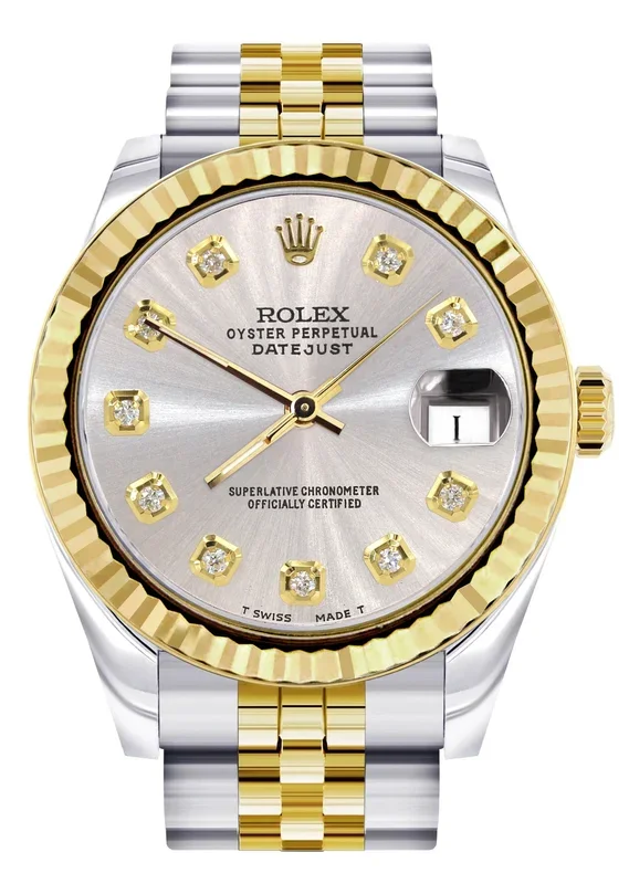 Diamond Gold Rolex Watch | 68273 | Fluted Bezel | 31MM | Grey Diamond Dial | Jubilee Band