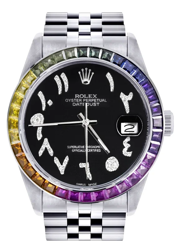 Diamond Gold Rolex Watch For Men 16200 | 36Mm | Rainbow Sapphire Bezel | Black Arabic Numeral Dial | Jubilee Band