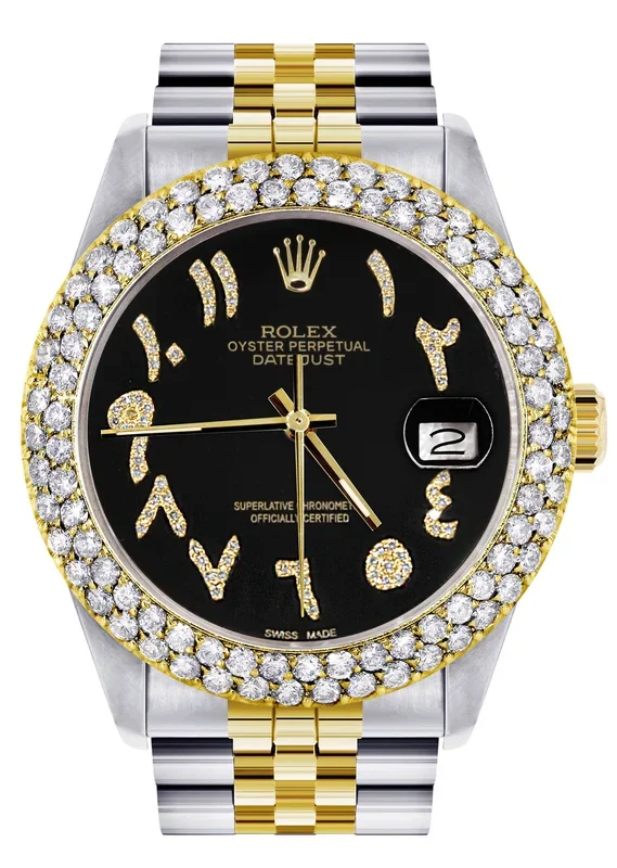 Diamond Gold Rolex Watch For Men 16233 | 36Mm | Black Arabic Diamond Dial | Two Row 4.25 Carat Bezel | Jubilee Band