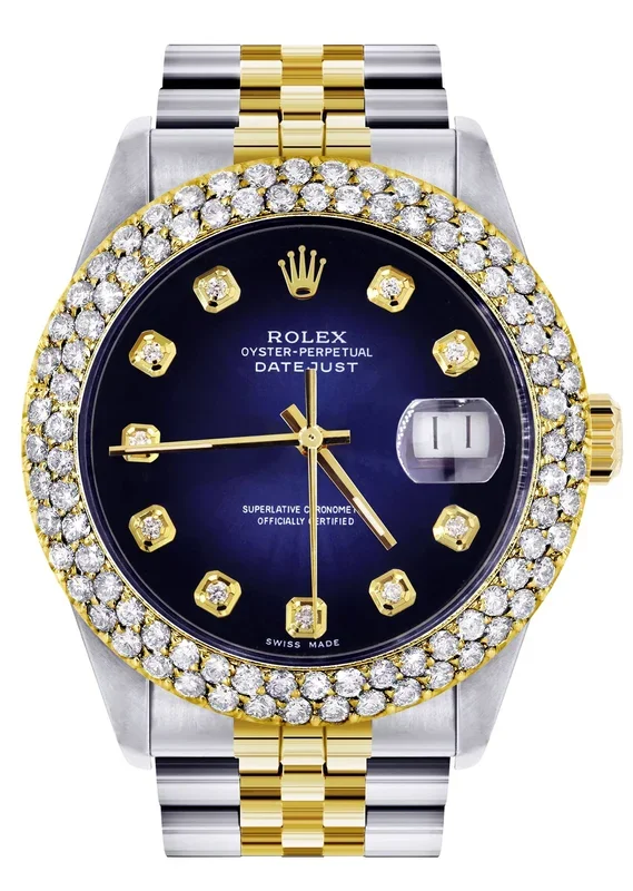 Diamond Gold Rolex Watch For Men 16233 | 36Mm | Blue Black Dial | Two Row 4.25 Carat Bezel | Jubilee Band