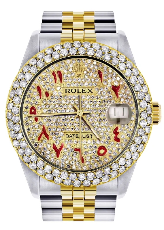 Diamond Gold Rolex Watch For Men 16233 | 36Mm | Custom Red Arabic Full Diamond Dial | Two Row 4.25 Carat Bezel | Jubilee Band