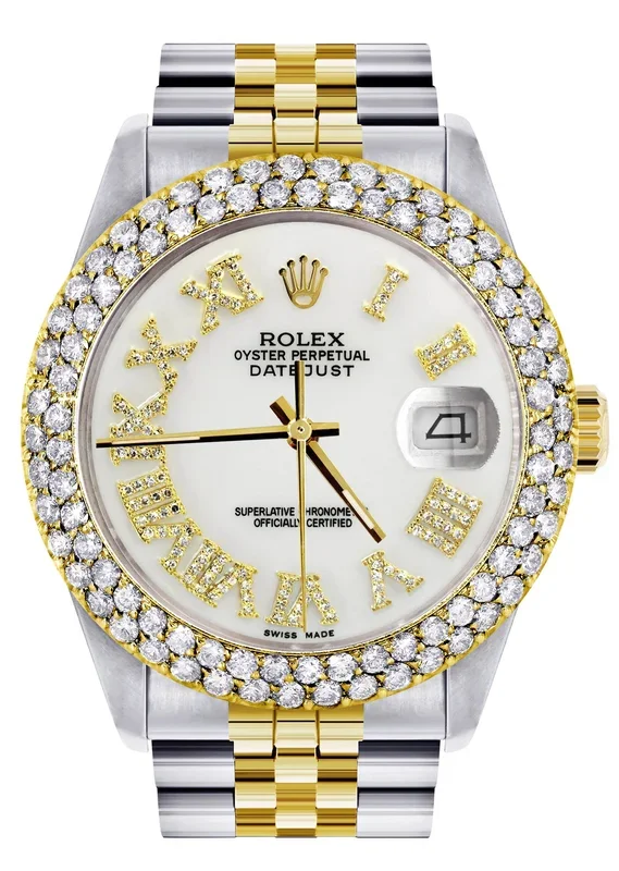 Diamond Gold Rolex Watch For Men 16233 | 36Mm | Diamond White Roman Numeral Dial | Two Row 4.25 Carat Bezel | Jubilee Band