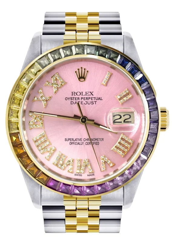 Diamond Gold Rolex Watch For Men 16233 | 36Mm | Rainbow Sapphire Bezel | Diamond Pink Roman Numeral Dial | Jubilee Band
