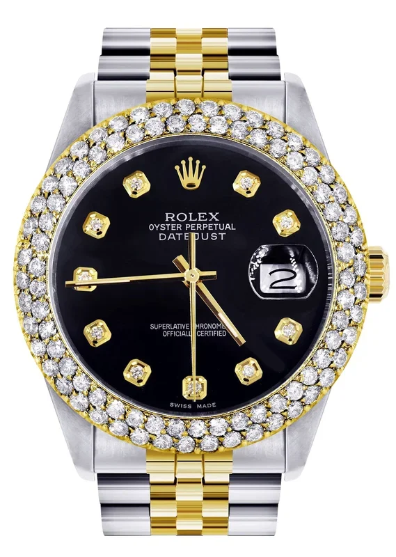 Diamond Gold Rolex Watch For Women 16233 | 36Mm | Black Dial | Two Row 4.25 Carat Bezel | Jubilee Band