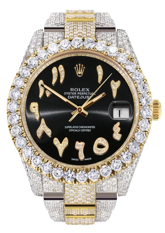 Diamond Iced Out Rolex Datejust 41 | 25 Carats Of Diamonds | Custom Black Arabic Numeral Diamond Dial | Two Tone | Oyster Band