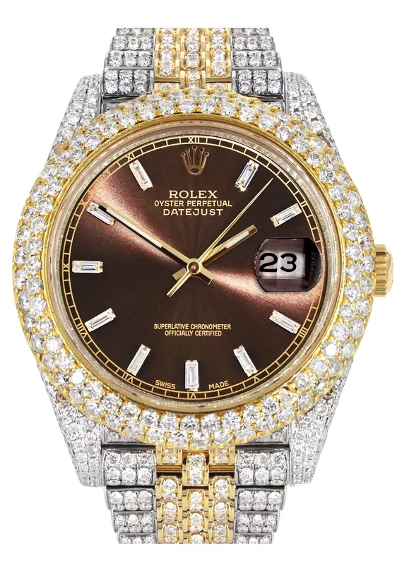 Diamond Iced Out Rolex Datejust 41 | 25 Carats Of Diamonds | Custom Morocco Brown Dial | Two Tone | Two Row | Jubilee Band