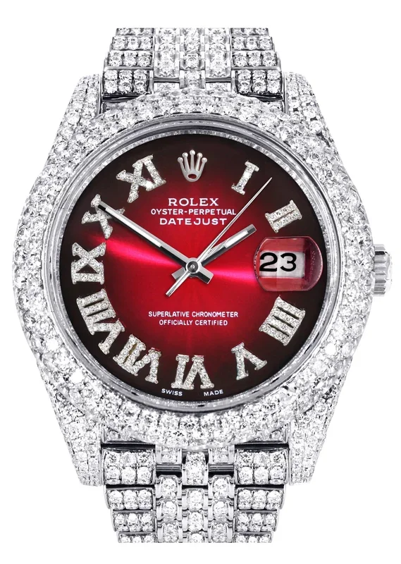 Diamond Iced Out Rolex Datejust 41 | 25 Carats Of Diamonds | Custom Red Black Roman Numeral Dial | Two Row | Jubilee Band