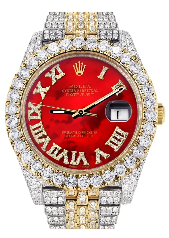Diamond Iced Out Rolex Datejust 41 | 25 Carats Of Diamonds | Custom Red Mother of Pearl Roman Numeral Diamond Dial | Two Tone | Jubilee Band