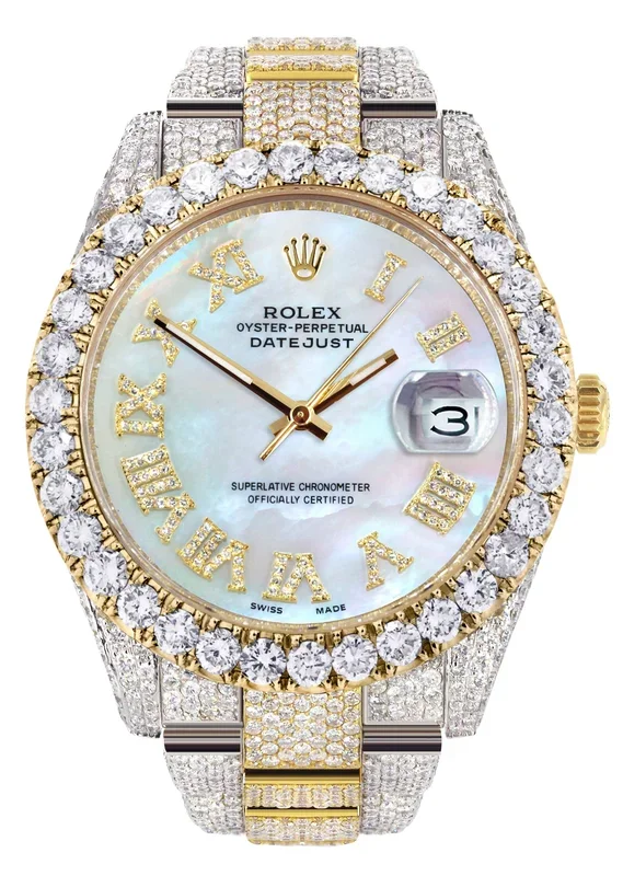 Diamond Iced Out Rolex Datejust 41 | 25 Carats Of Diamonds | Mother Of Pearl Dial | Two Tone | Oyster Band