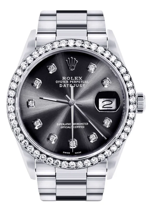Diamond Mens Rolex Datejust Watch 16200 | 36Mm | Graphite Diamond Dial | Oyster Band