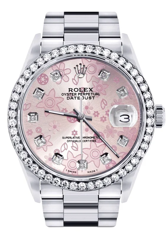 Diamond Mens Rolex Datejust Watch 16200 | 36MM | Pink Flower Diamond Dial | Oyster Band