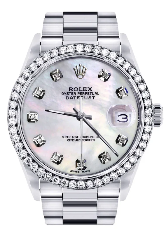 Diamond Mens Rolex Datejust Watch 16200 | 36Mm | White Mother Of Pearl Dial | Oyster Band
