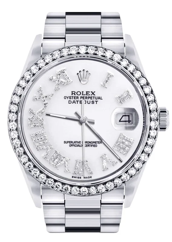 Diamond Mens Rolex Datejust Watch 16200 | 36Mm | White Roman Numeral Dial | Oyster Band