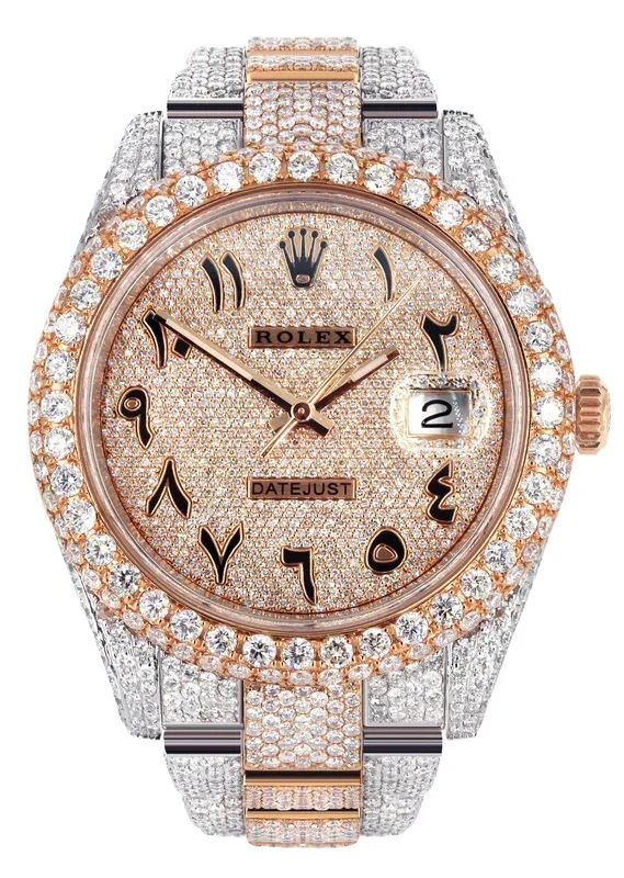 Diamond Rose Gold Iced Out Rolex Datejust 41 | 25 Carats Of Diamonds | Custom Full Diamond Arabic Dial | Oyster Band