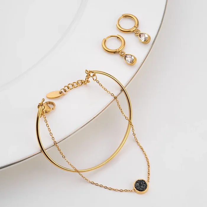Double Layer Stone Cuff Bracelet & Solitaire Drop Hoop Earrings Combo Set