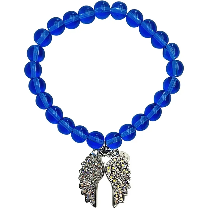 Dreamy Angel Wing Beaded Stretch Bracelet (Silvlertone/Blue/6 3/4″)