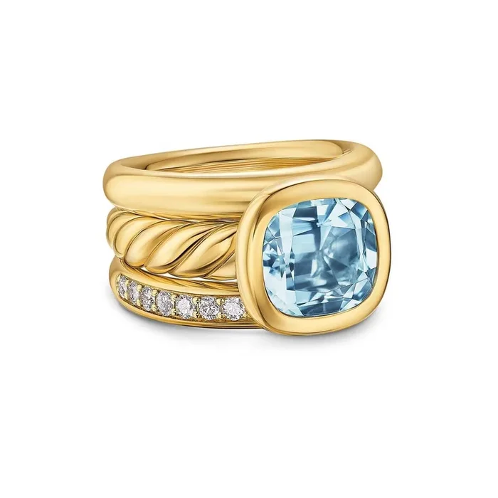 DY Mercer® Three Row Stone Ring in 18K Yellow Gold with Sky Blue Topaz and Diamonds, 12mm