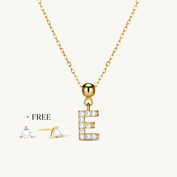 E Diamond Initial Charm Necklace + FREE Diamond Trio Studs Gold
