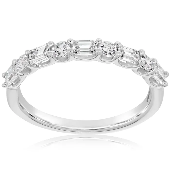 East West Emerald Cut & Round Diamond Wedding Band