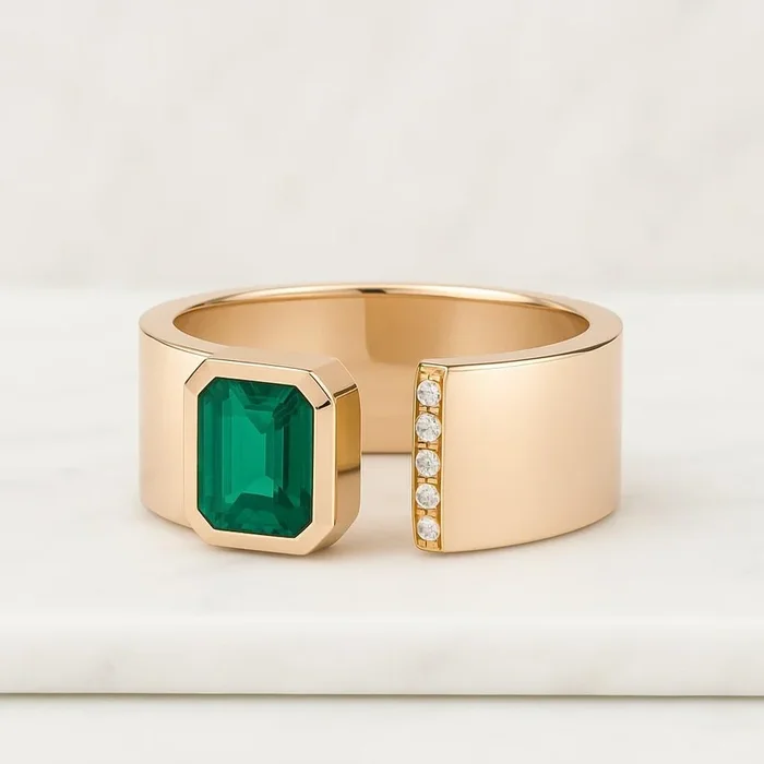 Emerald & Round Gem Stone Ring For Women