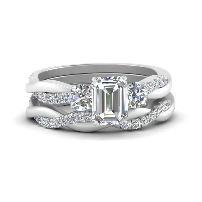 Emerald Cut 3 Stone Twist Diamond Ring And Band