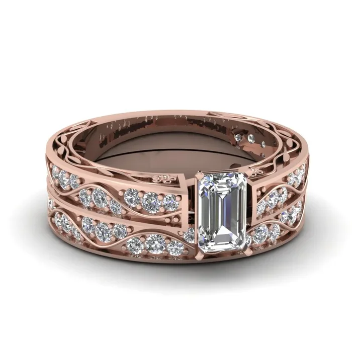 Emerald Cut Antique Filigree Wedding Ring Set