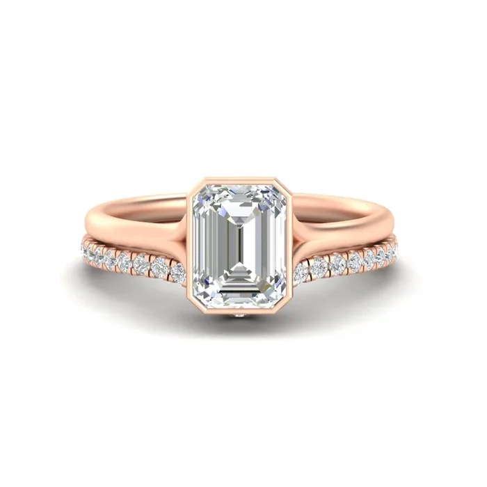 Emerald Cut Bezel Solitaire Ring With Diamond Band