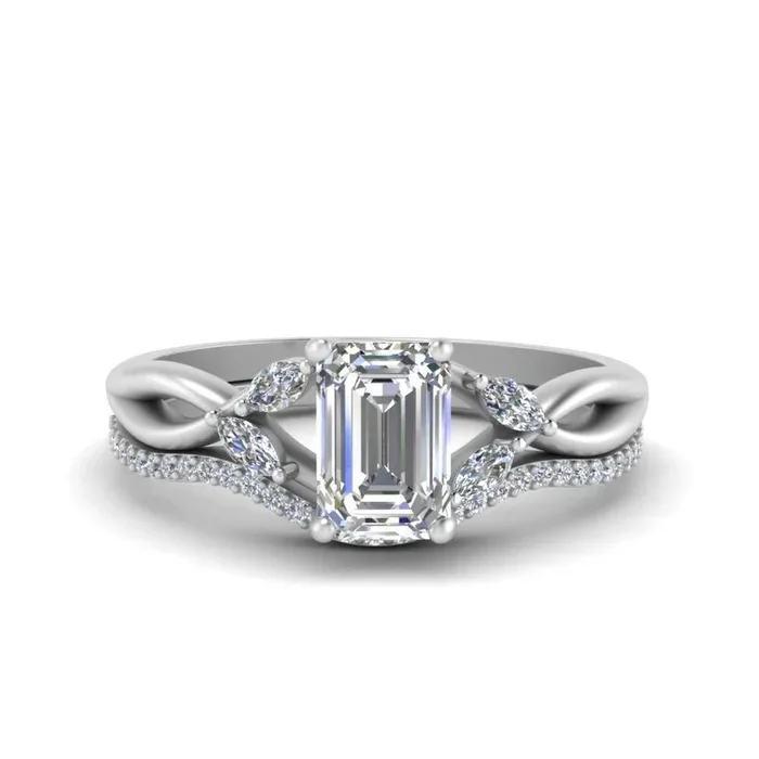 Emerald Cut Diamond Vine Leaf Marquise Accent Bridal Set