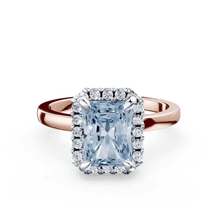 Emerald Cut Halo Blue Diamond Ring