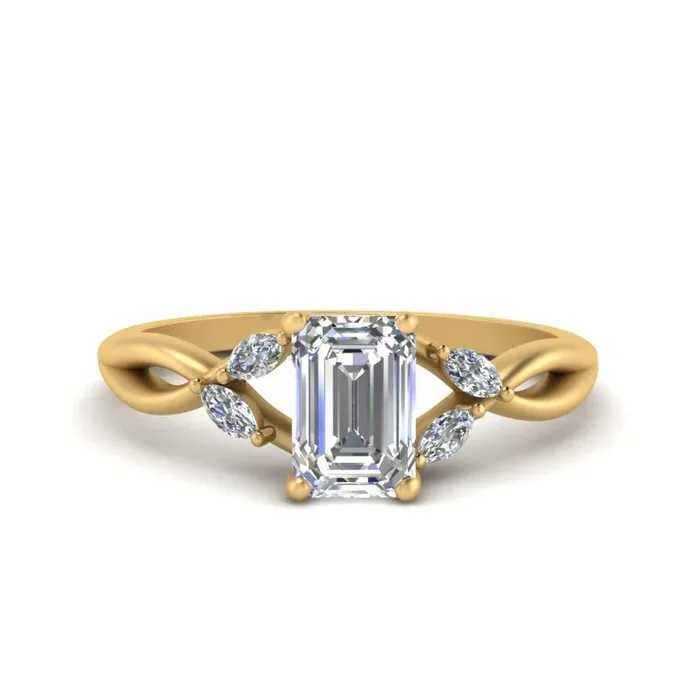 Emerald Cut Twisted Split Marquise Accents Engagement Ring