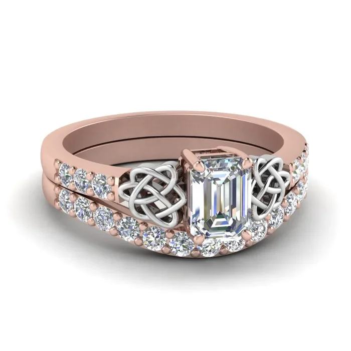 Emerald Cut Two Tone Celtic Wedding Ring Set