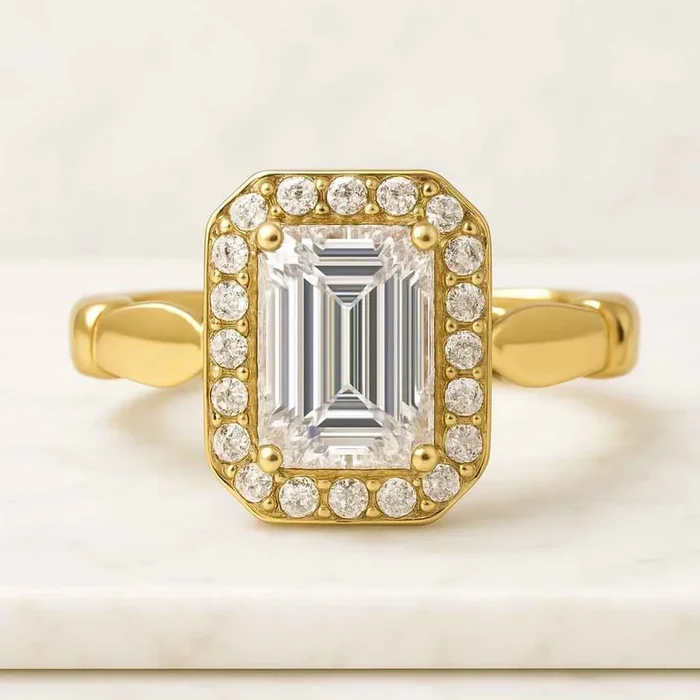 Emerald Diamond With Halo Engagement Ring