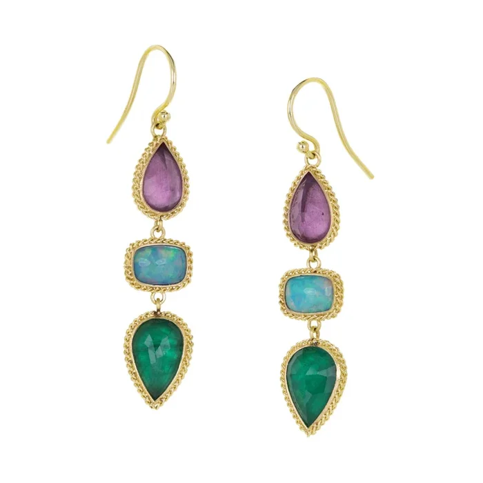 Emerald, Fluorite and Ethiopian Opal Drop Earrings