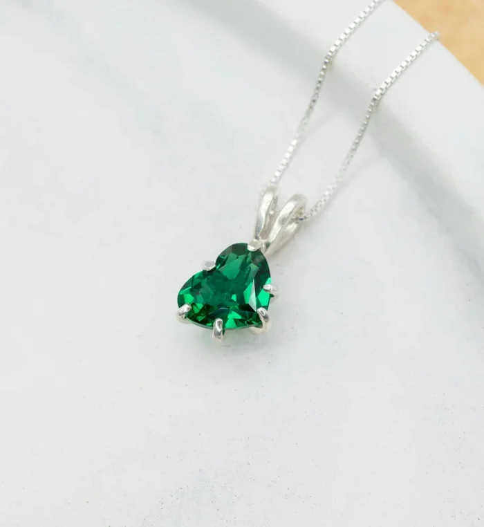 Emerald Heart Solitaire Pendant in Silver