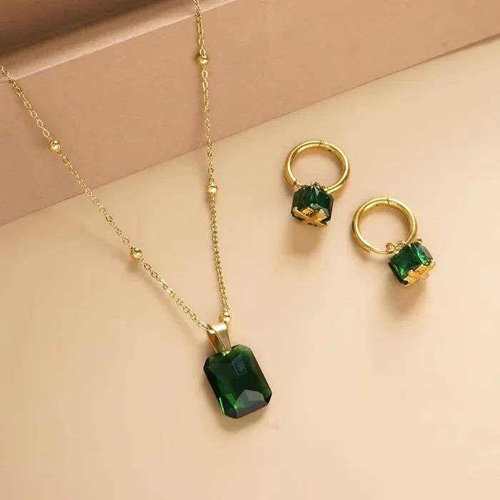Emerald Hoop Earrings & Dazzling Emerald Necklace Jewellery Set