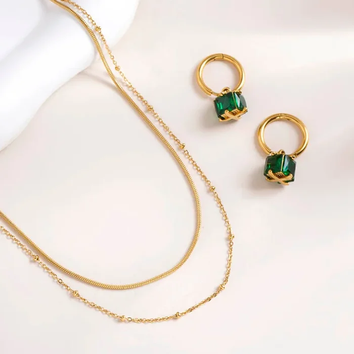 Emerald Hoop Earrings & Double Layer Choker Necklace Combo Set