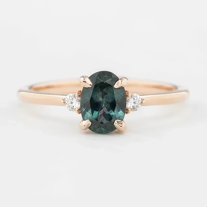 Emilie Ring – 1.01ct Peacock Green Montana Sapphire, 14k rose gold (One of a kind)