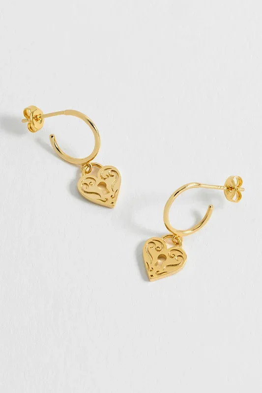Engraved Heart Padlock Hoop Earrings