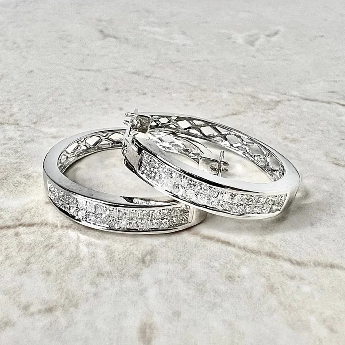Estate 14 Karat White Gold Pavé 1.50 Carat Princess Cut Diamond Hoop Earrings