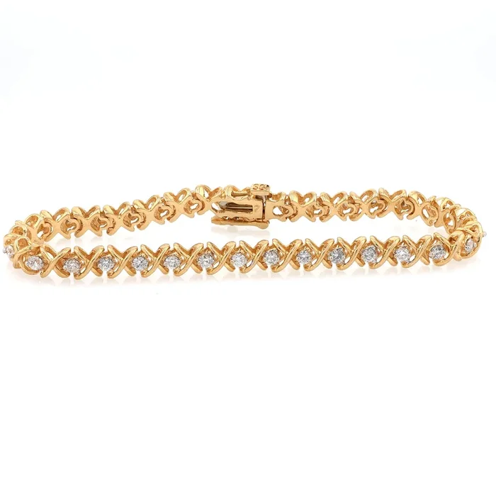 Estate 14 Karat Yellow Gold Alternating Diamond and ‘X’ Design Link Bracelet