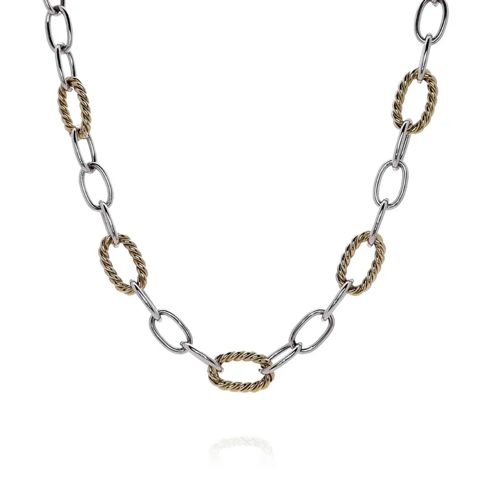 Estate 14k Two-Tone Alternating Polished and Twisted Oval Link Chain Necklace